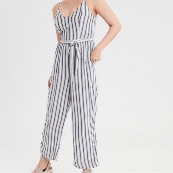 American Eagle Outfitters Pants - American Eagle Blue and White Sleeveless Jumpsuit With Belt Size XL